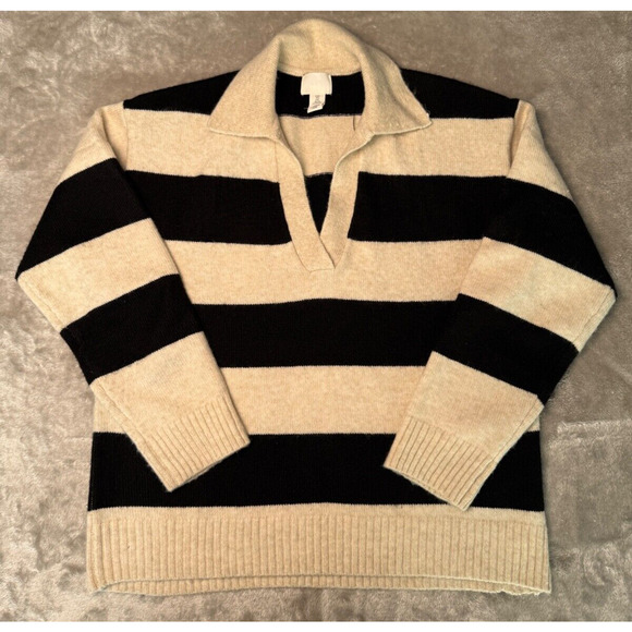 H&M Black Tan Striped Polo Long Sleeve Sweater Womens Size Small - Picture 1 of 6